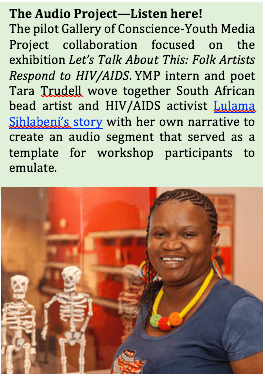 South African beadworker and HIV/AIDS activist Lulama Sihlabeni and beaded skeletons in the GoC, during the exhibition, Let's Talk About This: Folk Artists Respond to HIV/AIDS, 2013. The skeletons were made by members of eKhaya eKasi (Home in the Hood) as a tool for HIV/AIDS awareness. Photo by Bob Smith. 